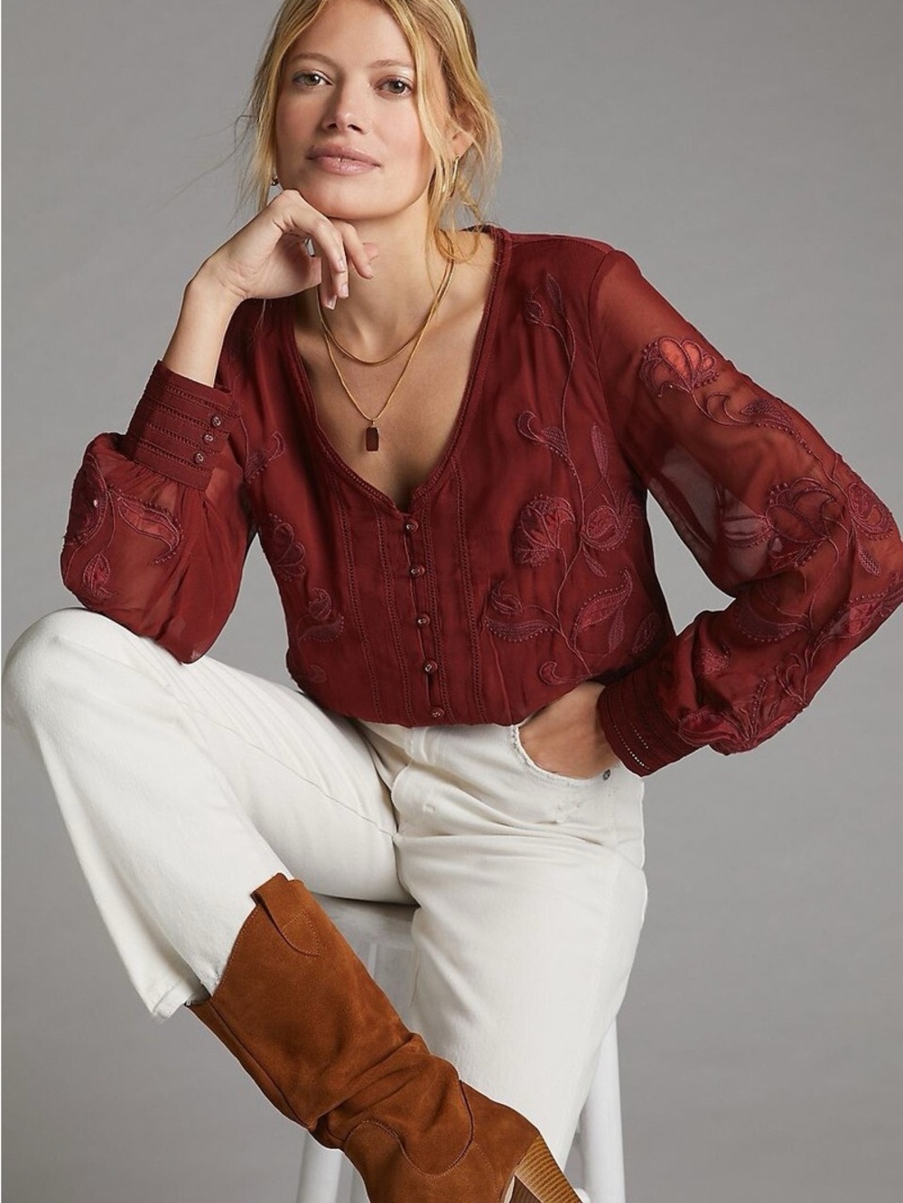 Anthropologie Embroidered Floral Blouse Small